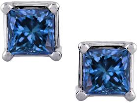 Blue - I1 Princess Cut Diamond Earring Studs in 14K White Gold (2 cttw)