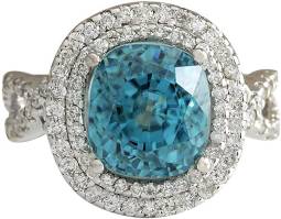 13.28 Carat Natural Blue Zircon and Diamond (F-G Color, VS1-VS2 Clarity) 14K White Gold Luxury Engagement Ring