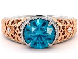 Round Blue Diamond Art Deco 14K Two Tone Gold Engagement Filigree Ring