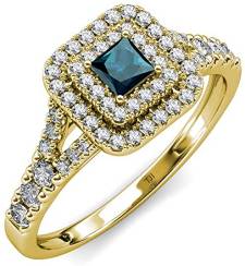 Princess Cut Blue Diamond and White Round Diamond Split Shank Womens Double Halo Engagement Ring 1.31 ctw 14K Gold