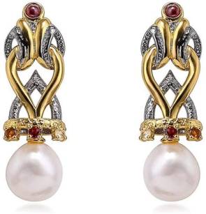 Italian Craft Inlaid Gemstone Jewelry Natural Baroque Pearl Earrings