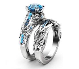 Unique Blue Diamond Engagement Ring Set White Gold Ring Filigree Ring Blue Diamonds Engagement Ring