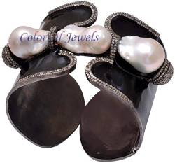 Fine silver Diamond Baroque Pearl Modern Black Enamel Bracelets Bangle jewelry