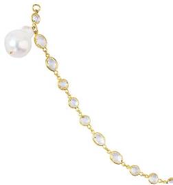 925 Sterling Silver 14k Gold Plated White Topaz Dangle White Baroque Pearl Bracelet