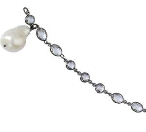 925 Sterling Silver Black Rhodium Plated White Topaz Dangle White Baroque Pearl Bracelet