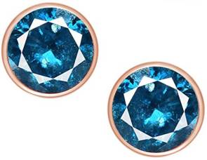 Round Cut Blue Natural Diamond Bezel Set Solitaire Stud Earrings in 14K Solid Gold (0.25 Cttw to 2 Cttw)