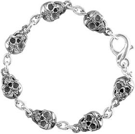 Mens Solid Skull Link Bracelet with Black in Sterling Silver