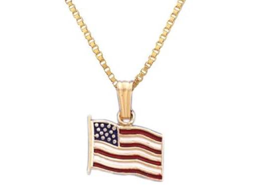 14k Yellow Gold United States USA American Flag Box Chain Necklace