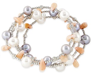 Freshwater Grey and White Pearl Spiral Bracelet With Coral Teardrops in 14KT White Gold