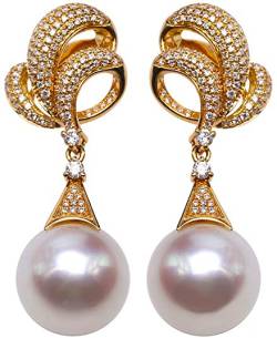13mm White South Sea Pearl Earrings 18K Gold Drop Earrings inlay Diamonds