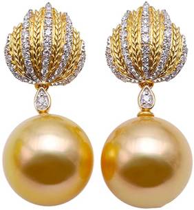 12.5mm Round Natural Golden South Sea Pearl Earrings 18K Gold Stud Earrings inlay Diamonds