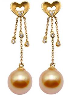 18K Yellow Gold and 10mm Round Golden South Sea Cultured Pearl with Diamond Dangling Earrings