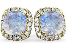 (3.10ct) 14k Yellow Gold Halo Cushion Cut Moonstone and Diamond Accented Stud Earrings