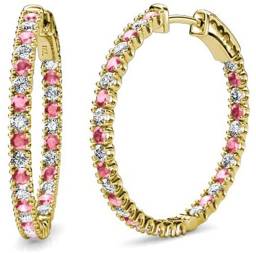 Pink Tourmaline and Diamond 2mm Inside-Out Hoop Earrings 1.56 Carat tw in 14K Yellow Gold