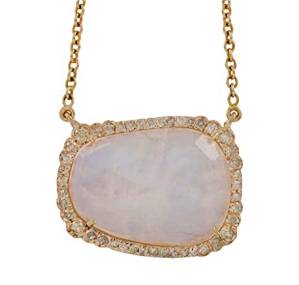 0.44 Carat Natural Diamonds & Blue Moonstone in Solid 14k Yellow Gold Pendant Chain Necklace