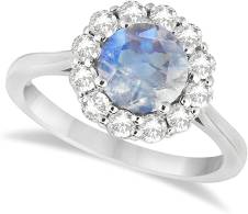 Halo Round Moonstone and Diamond Accented Ring For Women 18k White Gold