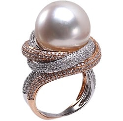 18K Gold AAA+ Quality Gorgeous 15.1mm Round Genuine White South Sea Cultuted Pearl and Diamonds Ring