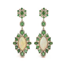 Natural Diamond and Ethiopian Opal, Green Tourmaline in Solid 14k Yellow Gold Dangle Drop Earrings