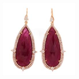 Natural 26.95 Ct. Pear Shape Pink Tourmaline Gemstone Solid 14K Yellow Gold Diamond Dangle And Drop Earrings