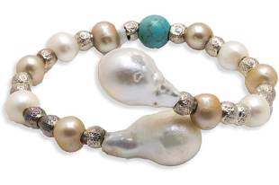 White and Gold Pearl Spiral Bracelet with Turquoise Bead and Baroque Pearls