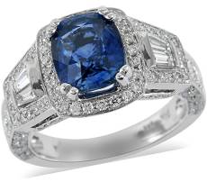 Diamond Halo Ring Real 14K White Gold Cushion Blue Sapphire