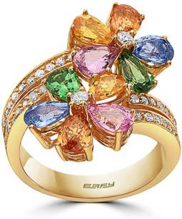 Multicolored Sapphire Flower Ring with Diamonds in 14K Yellow Gold
