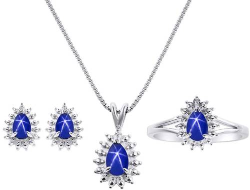 4K Gold Diamond & Blue Star Sapphire Matching Earrings, Pendant Necklace and Ring Set