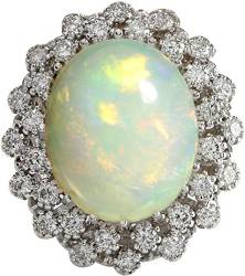 11.98 Carat Natural Multicolor Opal and Diamond (F-G Color, VS1-VS2 Clarity) 14K White Gold Luxury Cocktail Ring for Women