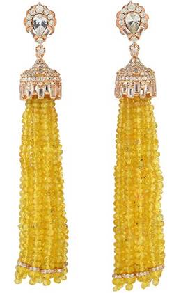 Natural Sapphire Beads Tassel Earrings Pave Natural Diamond 18k Rose Gold