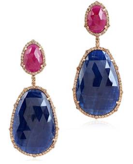 Solid 18k Rose Gold Diamond Ruby Sapphire Dangle Earrings Handmade Jewelry