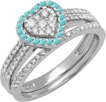 14K Gold Round Turquoise & White Diamond Ladies Heart Shaped Bridal Engagement Ring Set