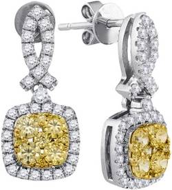 14K White Gold Canary Yellow Diamond Princess Dangle Earrings