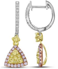 14K White Gold Pink & Canary Yellow Diamond Triangle Dangle Earrings