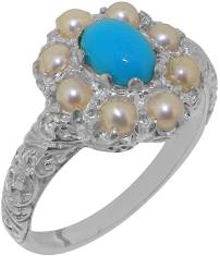 Solid 18k White Gold Natural Turquoise, Cultured Pearl Womens Cluster Ring