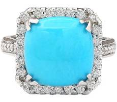 6.7 Carat Natural Blue Turquoise and Diamond (F-G Color, VS1-VS2 Clarity) 14K White Gold Cocktail Ring for Women