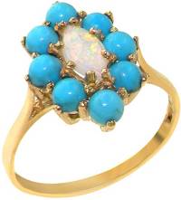 Solid 18k Yellow Gold Natural Opal & Turquoise Womens Cluster Ring
