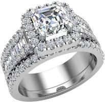 Stunning Center Cushion Halo Asscher Diamond Wedding Ring Set 1.60 ctw 14K White Gold