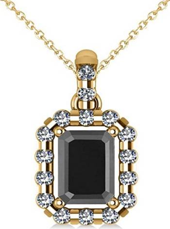 14k Gold Diamond and Emerald Cut Black Diamond Halo Pendant Necklace
