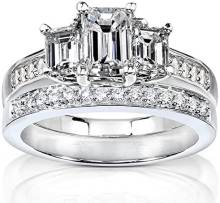 Emerald Cut Diamond Three Stone Bridal Ring Set in 14k White Gold