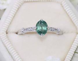 Teal Green Sapphire Vintage Inspired Engagement Ring in 14k White Solid Gold