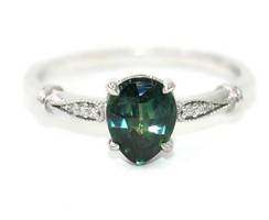 14k White Solid Gold Pear Blue Green Teal Sapphire Ring