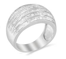 .925 Sterling Silver 1.0 Cttw Baguette-Cut Diamond 6-Row Channel Set Domed Tapered Cocktail Fashion Ring