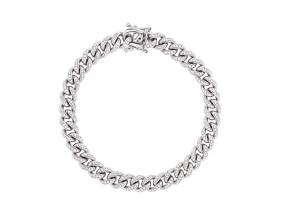 Sterling Silver Rhodium 1mm Cubic Zirconia Pave 8.5 Inches Miami Cuban Chain Bracelet