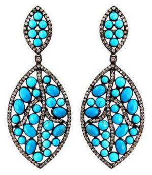 14k Gold 27CT Turquoise Gemstone Diamond Pave Dangle Earrings Jewelry 925 Silver