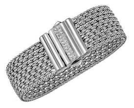 Wide Woven Rope Bracelet with White Sapphire Accented Clasp in Sterling Silver