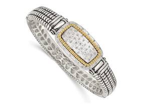 925 Sterling Silver Hinged Polished Prong set Hidden catch and 14k Yellow Diamond Cuff Stackable Bangle Bracelet