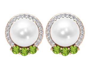 Halo Earrings, 6.49 CT Gemstones, HI-SI Diamond 2 MM Peridot 7MM Fresh Water Pearl Earrings