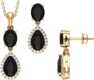 14K Solid Yellow Gold Diamond and Black Spinel Drop Earring and Necklace Set 