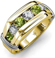 Round Peridot and Diamond 7 Stone Channel Set Men Wedding Ring 14K Gold