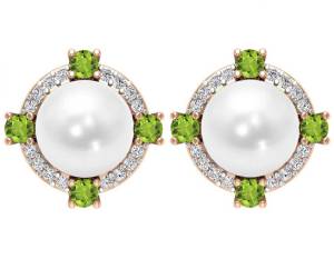 Halo Earrings, 6.53 CT Gemstones, Hi-SI Diamond 2 MM Peridot 7 MM Fresh Water Pearl Earrings